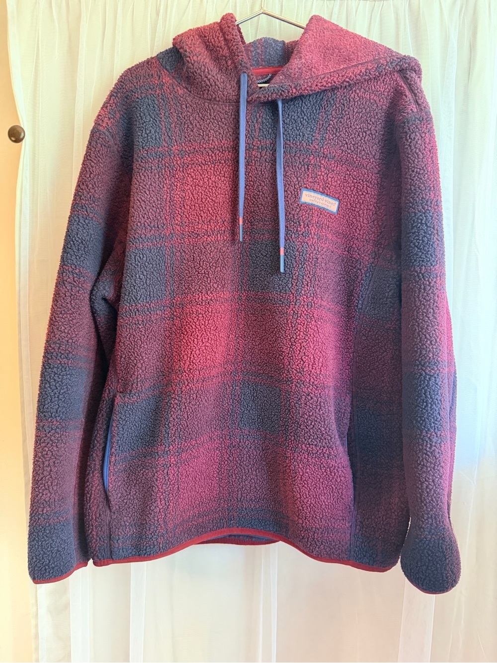 Vineyard Vines Men's Sherpa Crewneck Hoodie - Burgundy and Navy Plaid